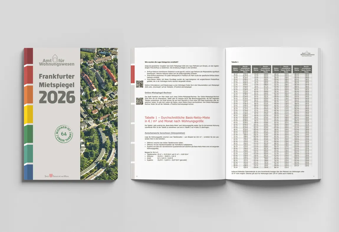 Stadt Frankfurt am Main: Gestaltung der Broschüre 'Frankfurter Mietspiegel 2026' © SINNBILD Design